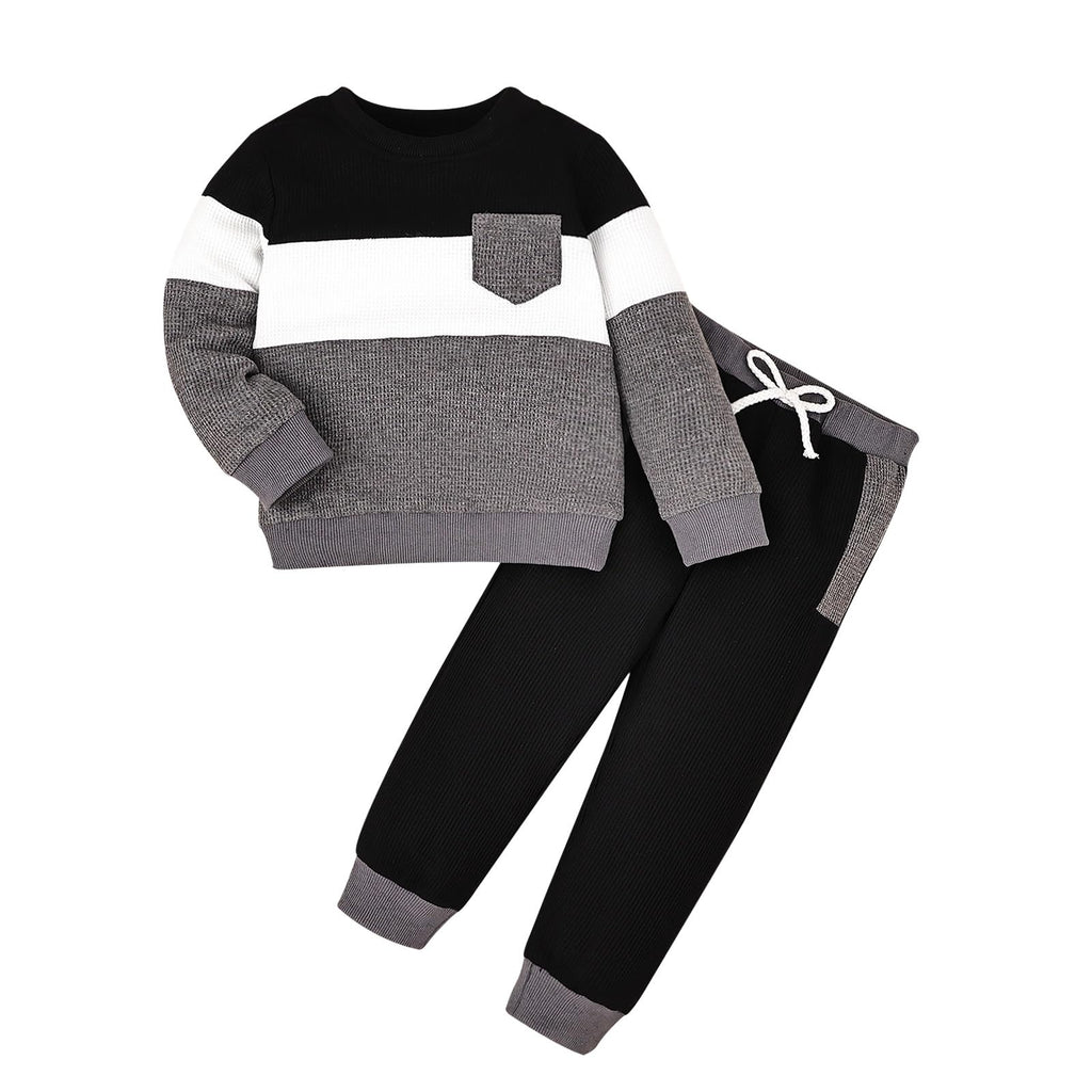 FOCICI 5T Boys Clothes Toddler Long Sleeve Patchwork Sweatshirt Pullover Tops + Casual Pocket Pants Fall Winter Outfits 2pcs Set Grey 4-5 Years