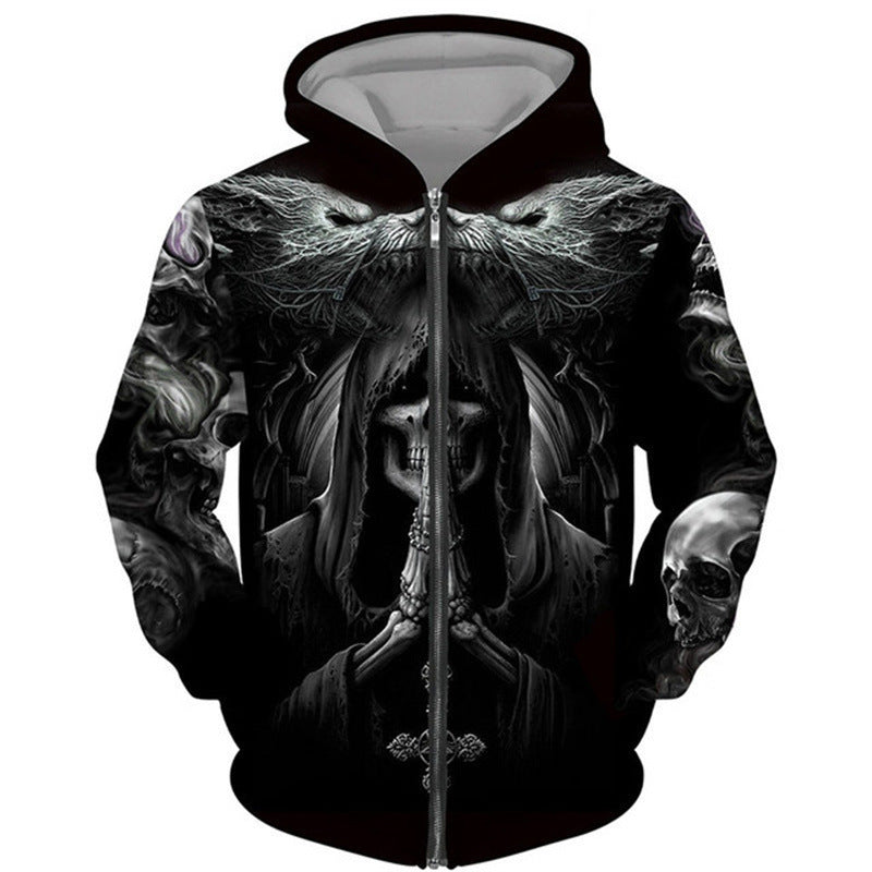 Punk Dark Skull Printed Loose Zip Hoodie Pullover Top