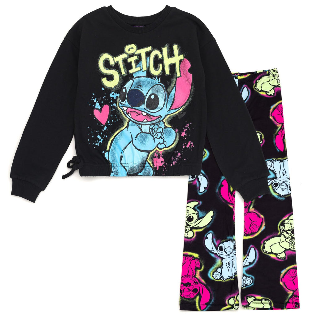 Disney Lilo & Stitch Little Girls Oversized Fleece Sweatshirt and Flare Leggings Outfit Set Graffiti Black 6