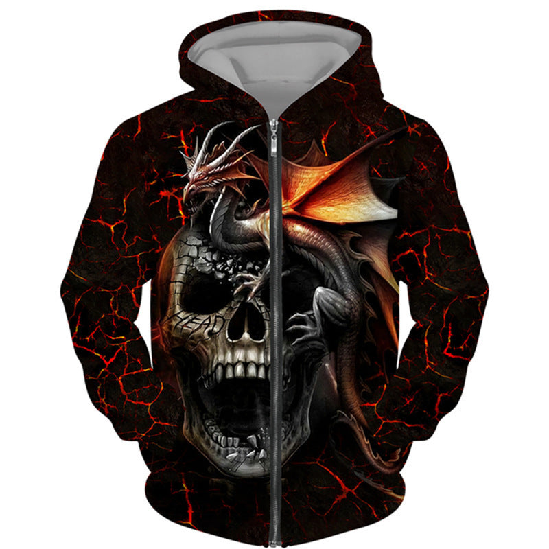Punk Dark Skull Printed Loose Zip Hoodie Pullover Top