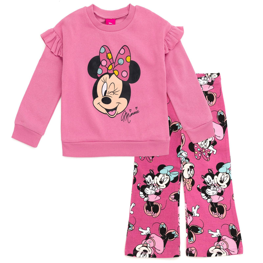 Disney Minnie Mouse Toddler Girls Fleece Sweatshirt and Flare Leggings Outfit Set Dark Pink Minnie Mouse 3T