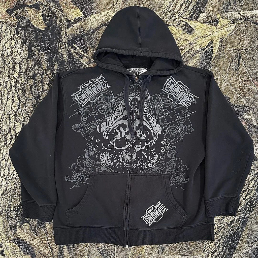Punk Dark Skull Printed Loose Zip Hoodie Pullover Top