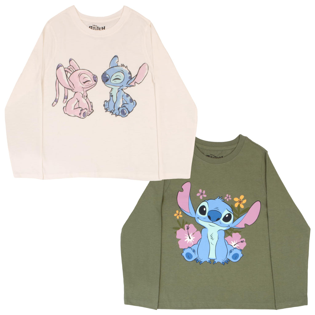Disney Lilo and Stitch Girls Graphic Tees Long Sleeve T Shirts Classic Lilo & Stitch Print T Shirt 2 Pack Girls Tops Clothing Lilo and Stitch Cute Clothes for Girls (Off White and Gray Size 10/12)