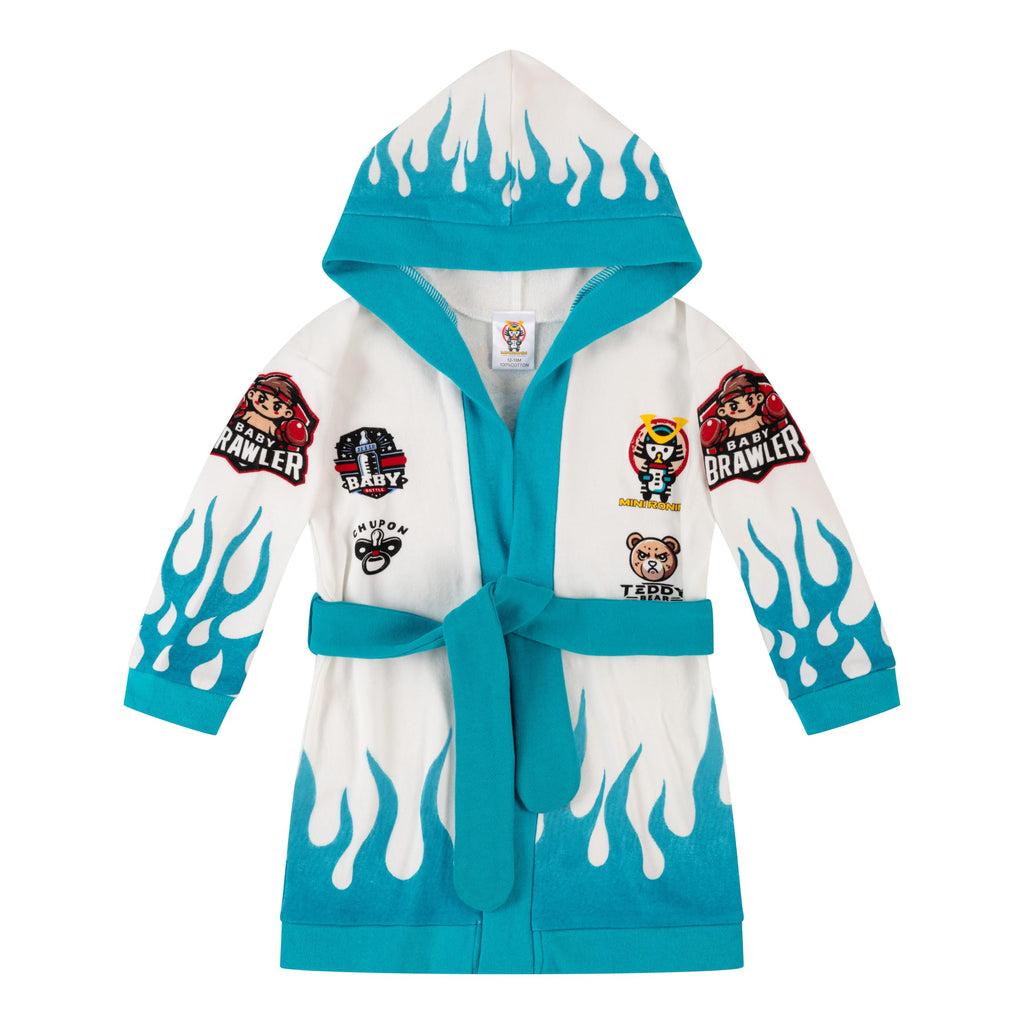 MINI RONIN MMA Baby Bathrobe Collection - 100% Cotton Unisex Hooded Bathrobes for Boys & Girls Fun Graphic Designs (US Age 12 Months White-Turquoise)