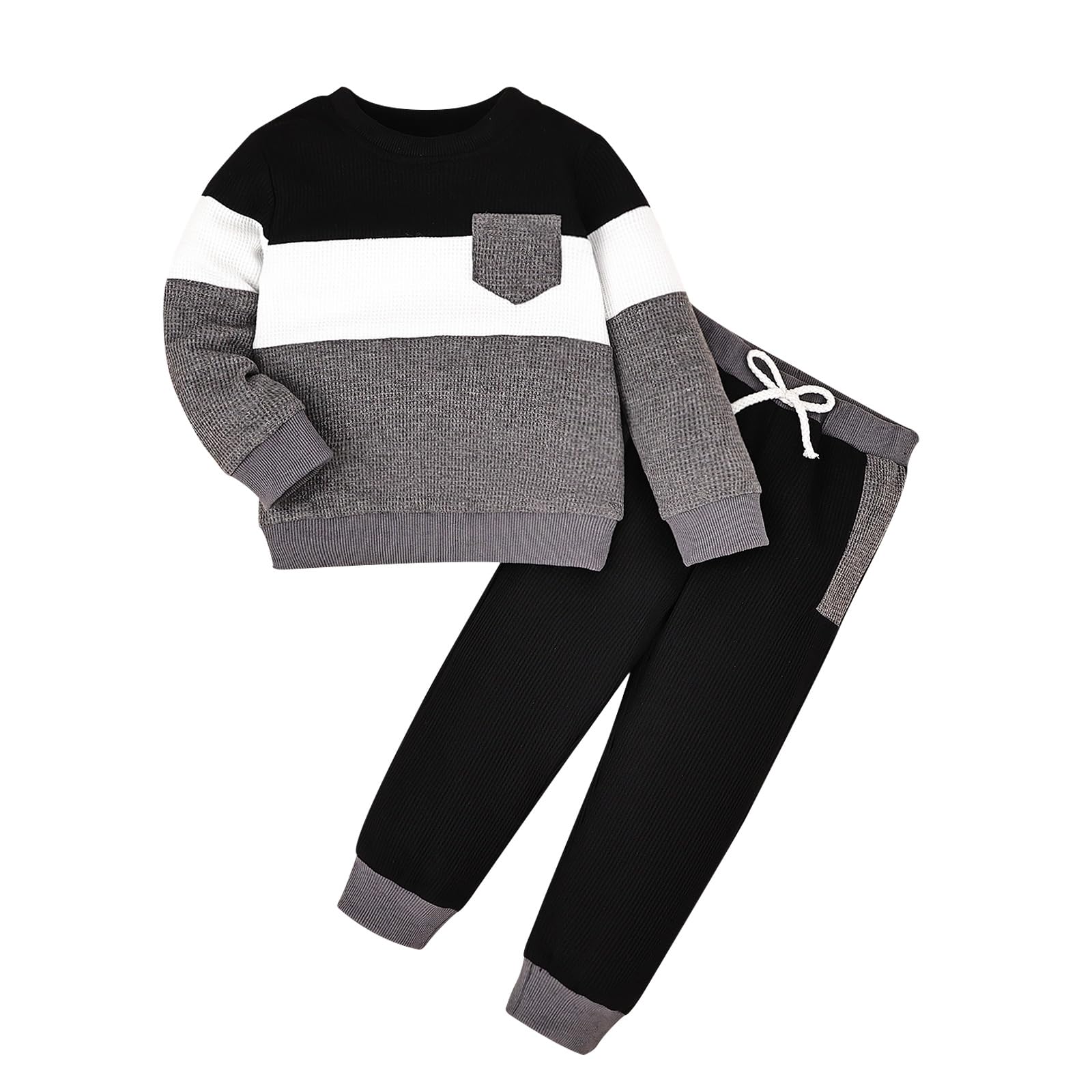 FOCICI 5T Boys Clothes Toddler Long Sleeve Patchwork Sweatshirt Pullover Tops + Casual Pocket Pants Fall Winter Outfits 2pcs Set Grey 4-5 Years