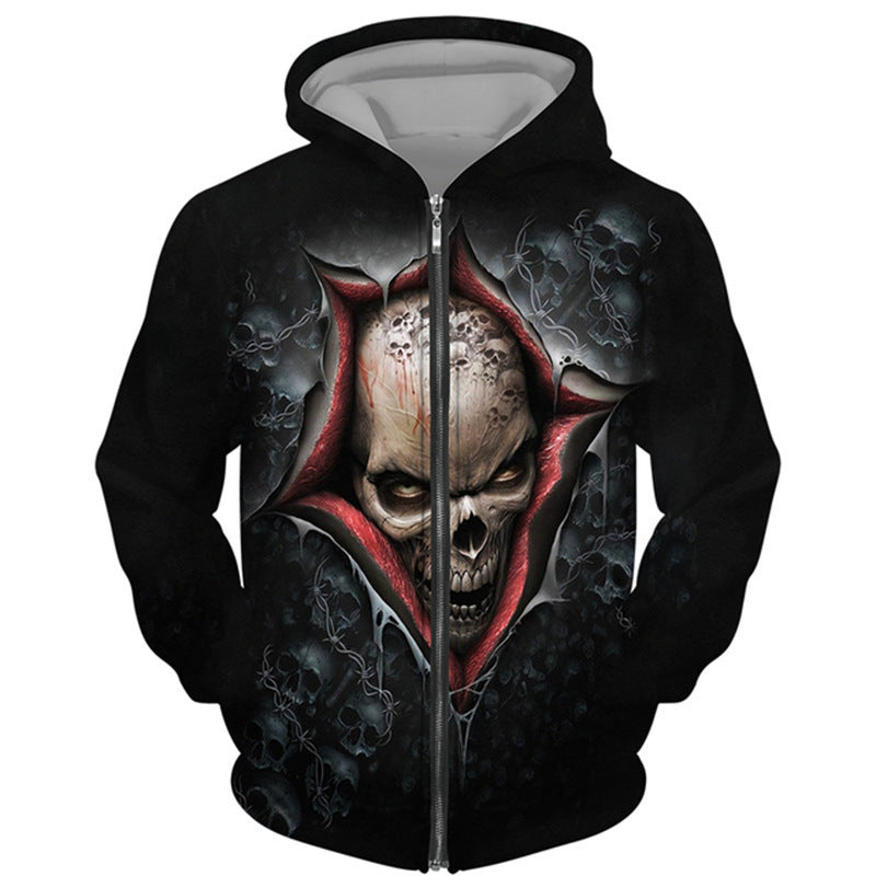 Punk Dark Skull Printed Loose Zip Hoodie Pullover Top