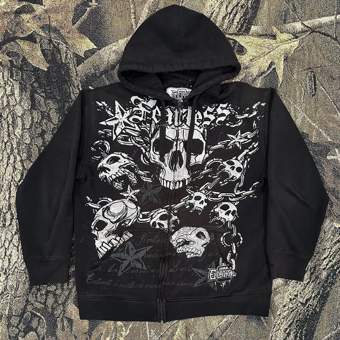 Punk Dark Skull Printed Loose Zip Hoodie Pullover Top