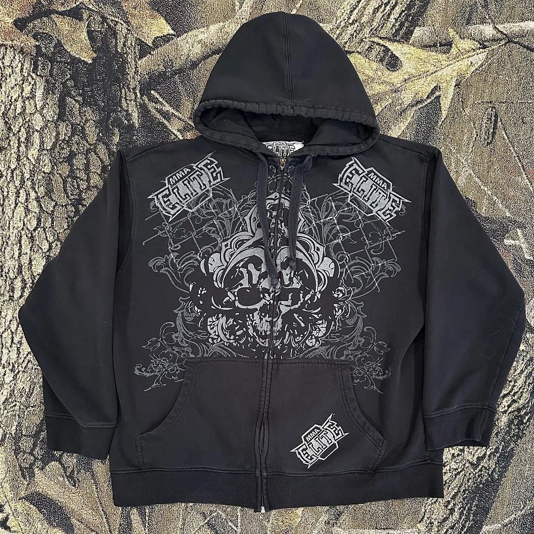 Punk Dark Skull Printed Loose Zip Hoodie Pullover Top