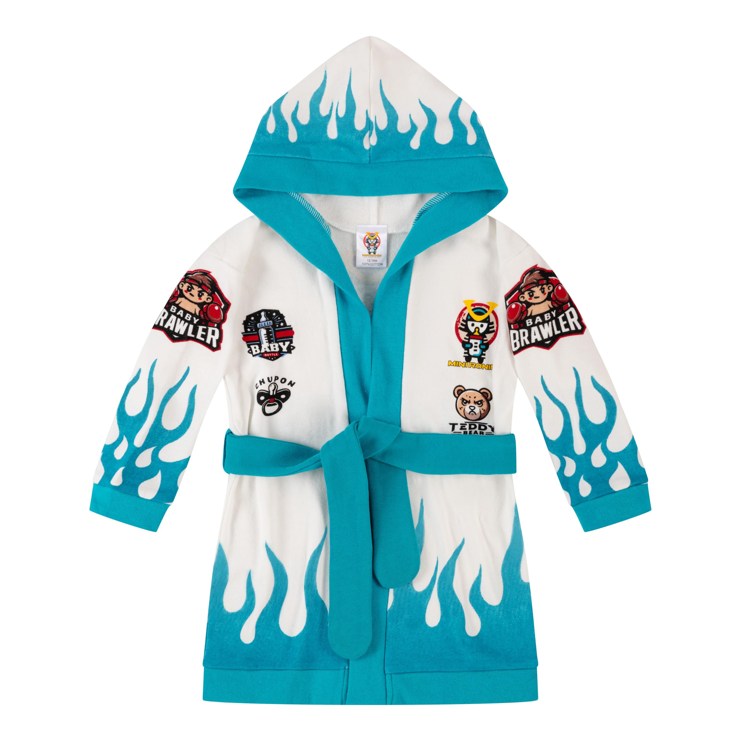 MINI RONIN MMA Baby Bathrobe Collection - 100% Cotton Unisex Hooded Bathrobes for Boys & Girls Fun Graphic Designs (US Age 12 Months White-Turquoise)
