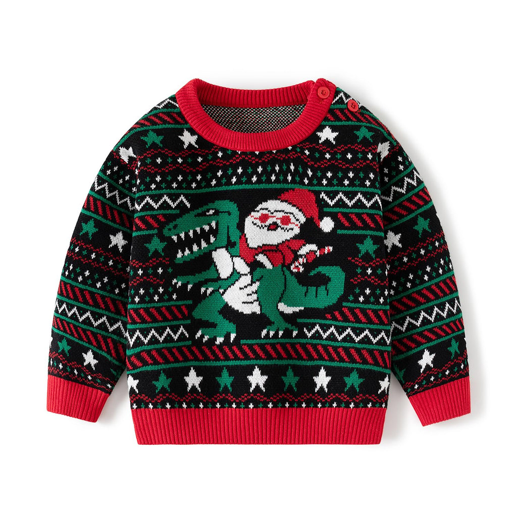 JAYPEIER Ugly Christmas Knitted Sweater for Baby Boys Girls Toddlers Dinosaur Santa Claus Design (US Age 9 Months 12 Months Santa Claus&Dinosaurs)