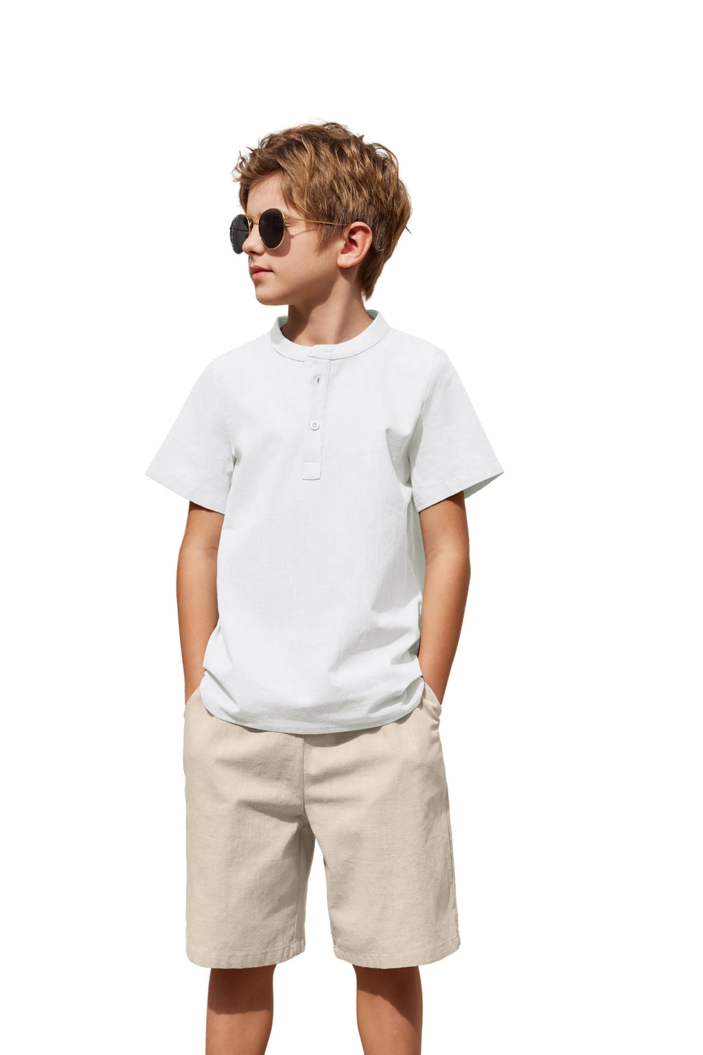 Arshiner Boys Shorts Set Henley T Shirt+Shorts 2Pcs Boy Outfits Summer Clothes Suit White and Khaki Size 16