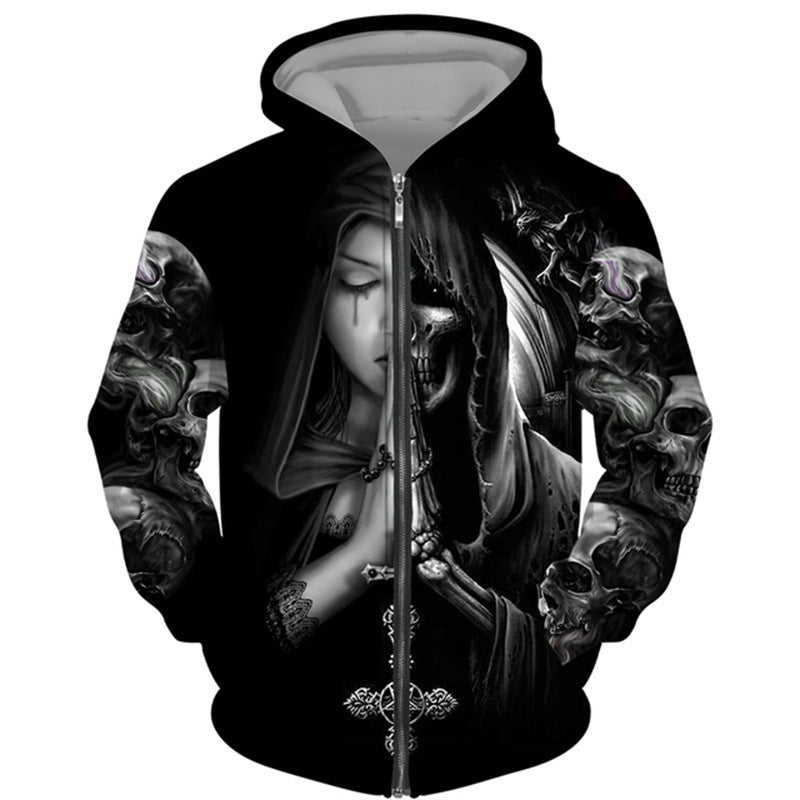 Punk Dark Skull Printed Loose Zip Hoodie Pullover Top