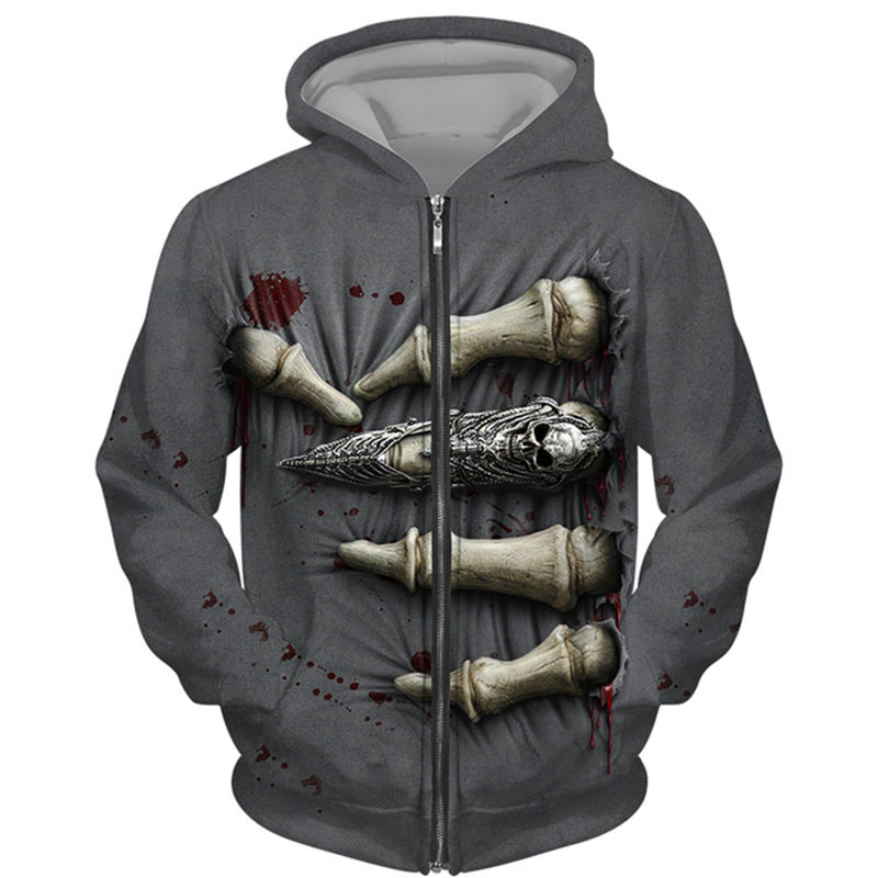 Punk Dark Skull Printed Loose Zip Hoodie Pullover Top